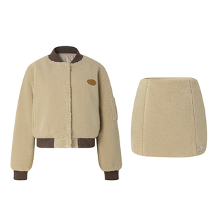 【蜉蝣于梦】Uena美式学院风仿羊羔绒棒球服外套高腰半身裙套装女