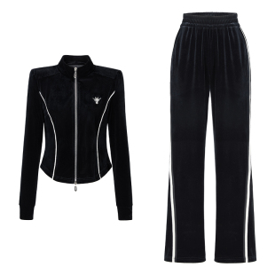 CHICHY显瘦经典款复古名媛风黑色丝绒套装女款休闲裤纸片人两件套