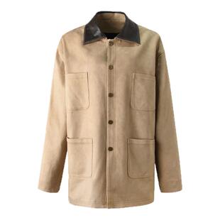 ourhour 美式复古 沙砾色黑皮翻领宽松麂皮夹克 女冬设计感外套