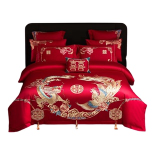 水星家纺婚庆四件套120s全棉刺绣多件套龙凤结婚大红被套床上用品