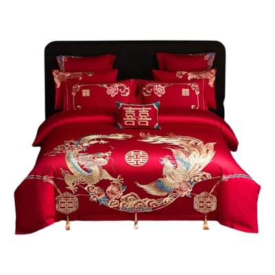 水星家纺婚庆四件套纯棉刺绣龙凤