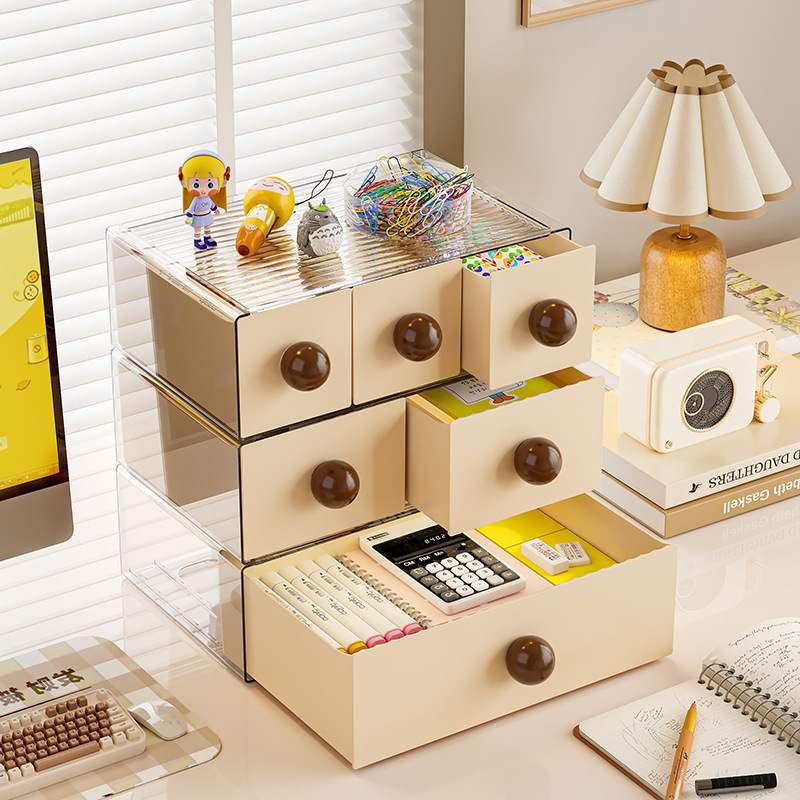 桌面文具收纳盒手作账本置物架整理盒抽屉式工位物防尘储办公桌盒