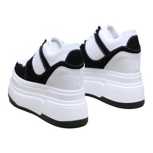 12公分黑白熊猫鞋女款真皮14CM小个子内增高女鞋厚底鞋子加绒板鞋