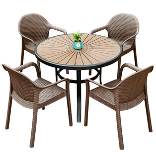 莫家户外桌椅别墅庭院塑木防腐木圆桌仿编藤椅茶桌椅室外抗水耐晒