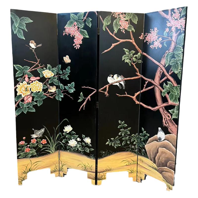 简约中式手绘漆画屏风折叠可移动