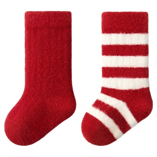 尼多熊新生婴儿红袜子冬季中筒加绒宝宝红色新年袜本命年过年儿童