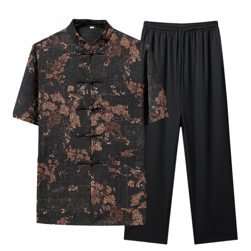 唐装中老年男士夏季短袖套装中国风休闲立领宽松上衣爸爸爷爷装男