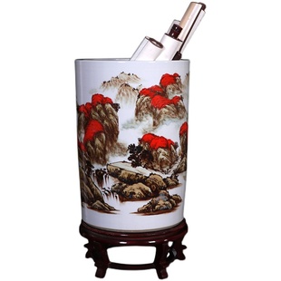 陶瓷手绘鸿运当头落地大花瓶箭筒景德镇书画缸中式客厅书房字画桶