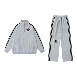 WH先生潮牌复古织带拼色运动套装男街头宽松加绒卫衣卫裤两件套