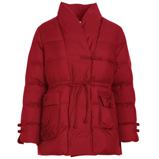 qs秸熙冬季新款复古轻国风中式羽绒服蝴蝶结系带绣花收腰显瘦外套