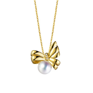 M家缎带之舞系列同款蝴蝶结吊坠18金天女珍珠项链锁骨18K珍珠项链
