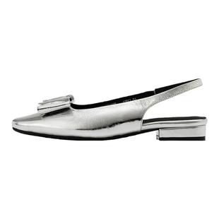 奥康女鞋春秋新款小众方头银色后空单鞋时尚百搭方扣平底浅口单鞋