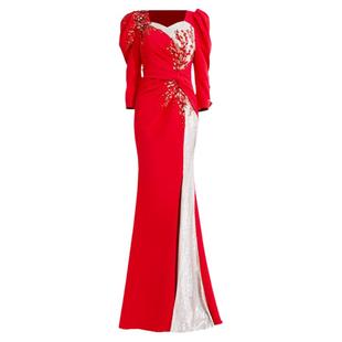 创意狐晚礼服2024新款宴会年会主持人长款礼服轻奢红色演出服长裙