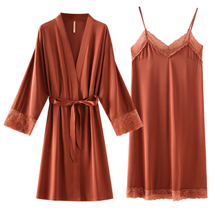 睡衣女睡袍浴袍春秋丝绸冰丝春季夏季仿真丝吊带睡裙性感两件套装