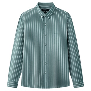 【纯棉】德鲨男装绿色长袖衬衫2026春新款休闲条纹打底上衣男衬衣