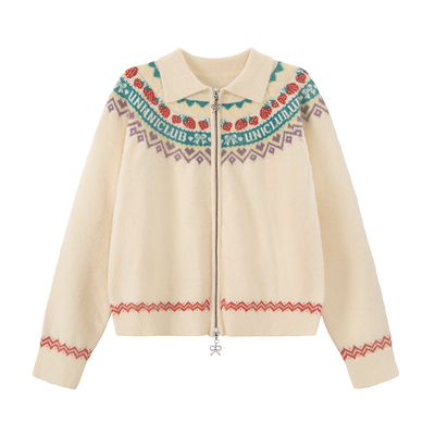 UNIFREE红色针织衫翻领美式费尔岛新款拉链复古百搭加厚毛衣外套