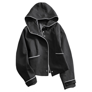 羊毛混纺撞色连帽宽松廓形通勤风2025秋季新款长袖女装短外套M157