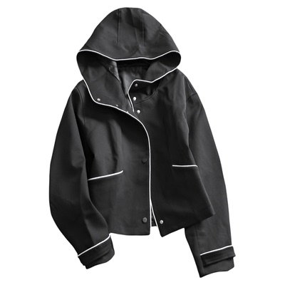 羊毛混纺撞色连帽宽松廓形女外套