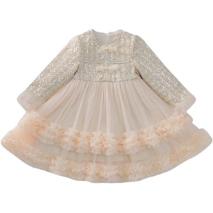 女童小香风加绒连衣裙冬季2025新款儿童网纱礼服小女孩洋气公主裙