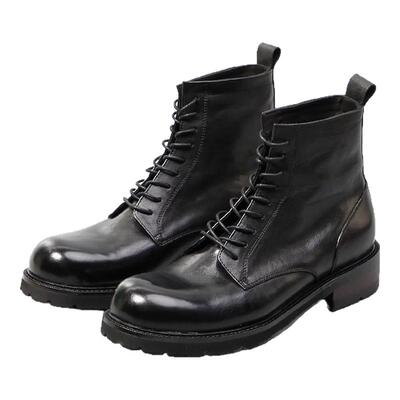 日式手工皮鞋真皮黑色工装机车靴