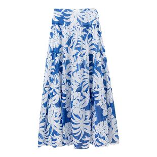 【滨海度假】高支数精梳棉 棕榈叶印花高腰A字宽摆蛋糕裙半身裙