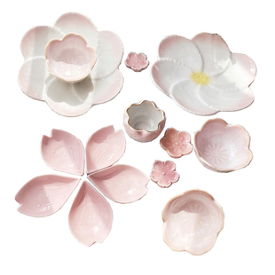 现货日本进口美浓烧陶瓷釉下彩樱花餐具日式怀石料理盘碗杯筷子架