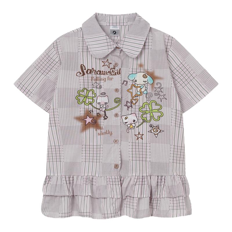 MoCreation卡通可爱风格纹短袖衬衫女夏荷叶边印花娃娃领修身衬衫