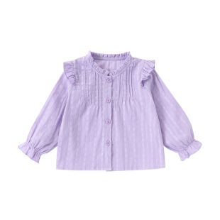 女童纯棉长袖衬衫春秋装小儿童洋气淡紫泡泡袖衬衣宝宝打底衫上衣