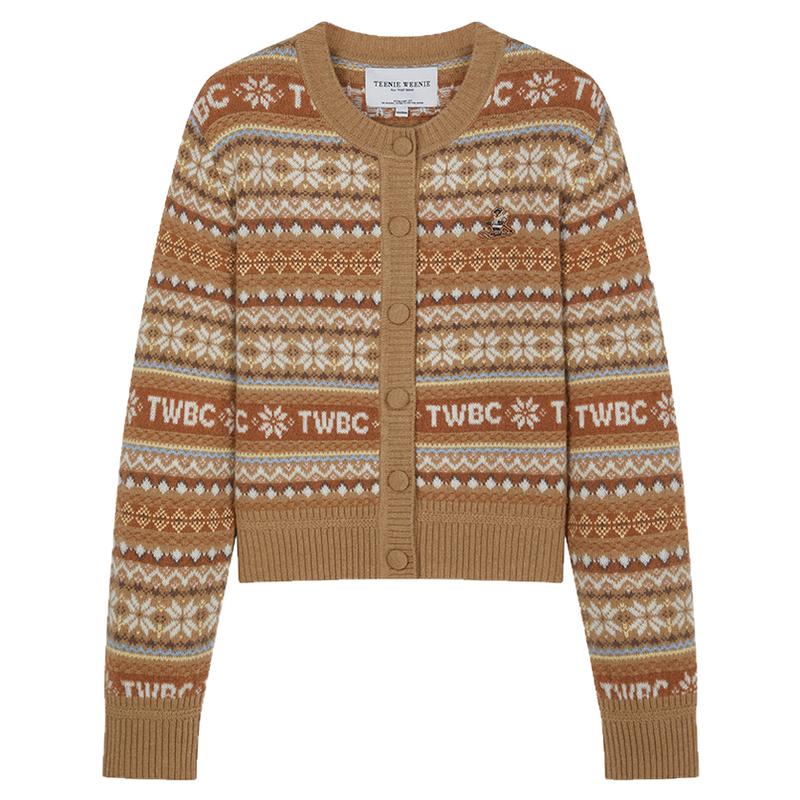 TeenieWeenie小熊女装毛针织衫2025冬新款费尔岛提花圆领毛衣开衫