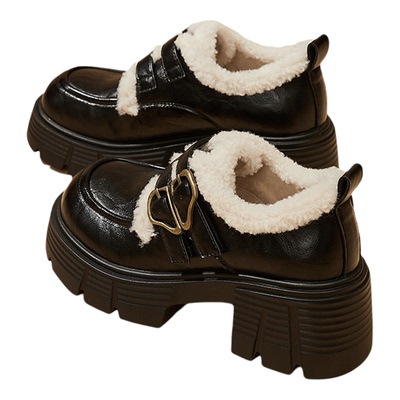 达芙妮厚底加绒乐福鞋冬季2025新款英伦风保暖增高黑色女款小皮鞋