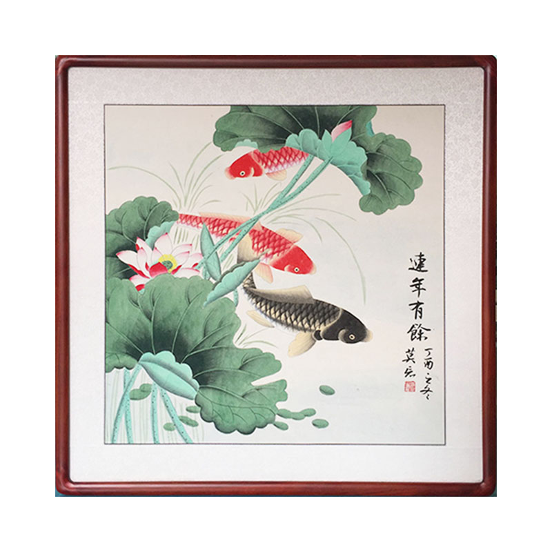 荷花鱼纯手绘饭厅中式有框画斗方