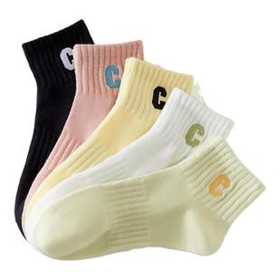 袜子女春夏新款彩色字母C短筒袜纯色简约学院风清新低帮短袜女潮