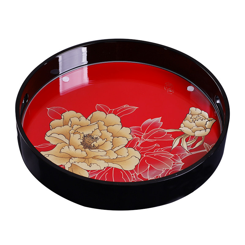 中式手绘牡丹花结婚喜庆漆器托盘