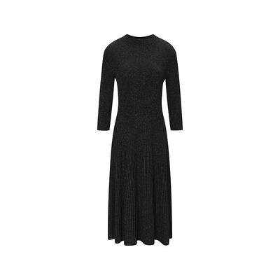 BCBG25秋冬新款简约初剪羊毛混纺亮丝一体七分袖针织黑色连衣裙女