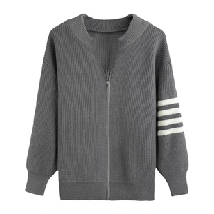 韩式休闲立领针织衫拉链开衫男秋冬款套装条纹酷帅毛衣青少年外套