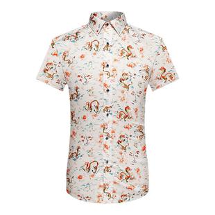 本派短袖衬衫男夏季中国龙国风印花白色衬衣男士棉质长袖休闲衬衫