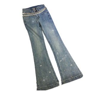 欧货重工烫钻微喇百搭牛仔裤女蓝色显瘦蝴蝶结钉珠高腰修身裤子春