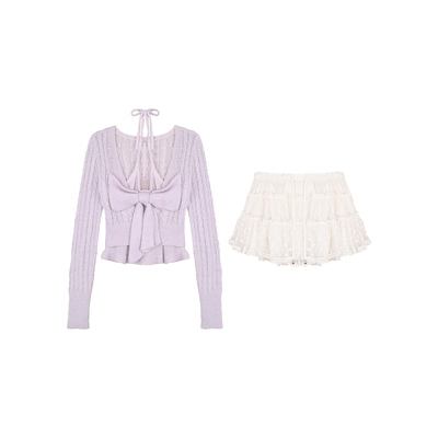 薄雾芭蕾 春季软糯假两件蝴蝶结羊毛毛衫波点网纱蕾丝蓬蓬裙套装