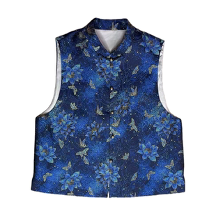 沁月新中式国风100桑蚕丝宋锦【锦云间-星空莲花】螺钿带钢印马甲