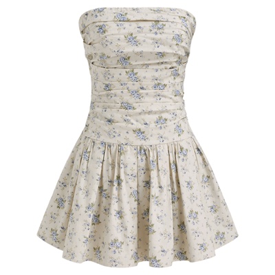 【明星同款】CIDER美式连衣裙棉碎花褶皱抹胸短114328990