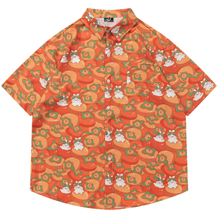 TRAVEL ISSUANCE 兔子守护员 日系潮牌趣味卡通印花短袖宽松衬衫