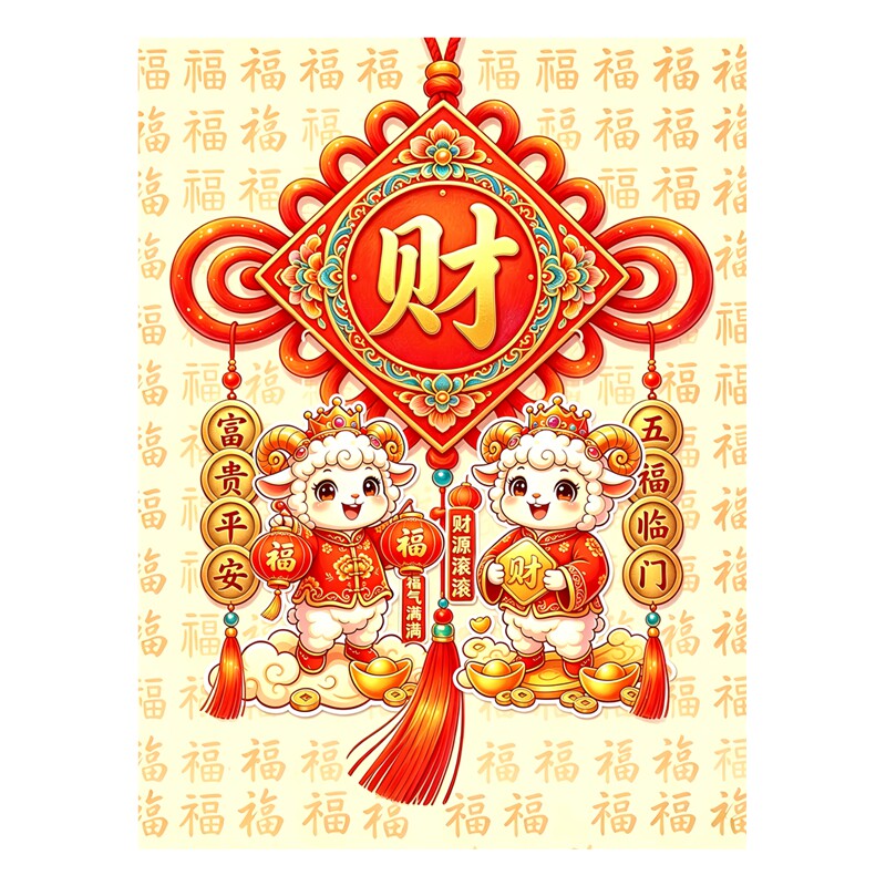 喜庆中国结小羊墙贴元宝灯笼喜气洋洋招财进宝新年防水装饰贴纸画