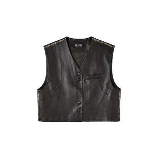 U/T复古擦色皮质短款马夹女 设计感通勤休闲上衣尤缇2025秋季新款