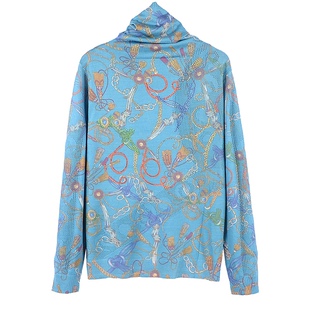 秋装古嘉子天丝毛衣薄款针织衫印花烫钻锁链女装上衣羊毛衫19836A