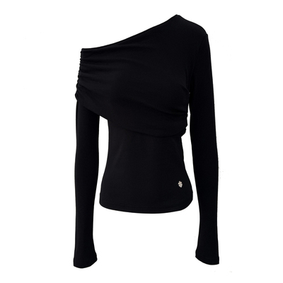 OTEBANBASS25SS不规则斜肩褶皱打底衫女露肩性感圣诞辣妹上衣T恤