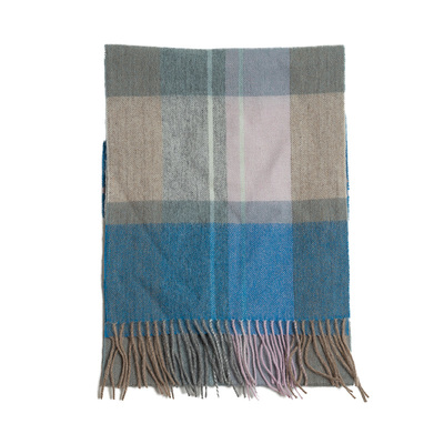 英伦气质蓝色羊毛格子围巾男女冬