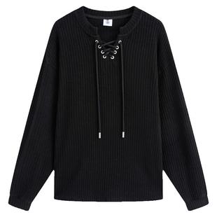 万有引力博物馆 v领系带针织衫女春季2026年新款宽松长袖T恤上衣