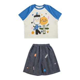 幼悠男童套装2026新款卡通圆领撞色短袖T恤夏季宽松直筒牛仔短裤