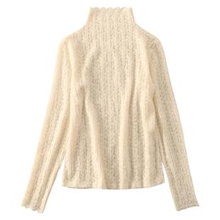 半高领磨毛蕾丝打底衫女秋冬新款洋气加绒内搭小衫高级感网纱上衣