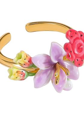 Juicy Grape丛林谜语花朵戒指女珐琅小众独特个性开口食指戒礼物